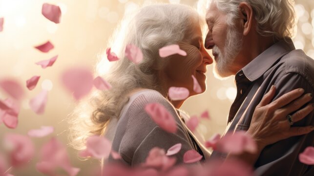 Affectionate elderly couple hugging tenderly amidst soft background of pink rose petals, evoking everlasting love. Ideal for greeting cards and sentimental themes. Valentines day.