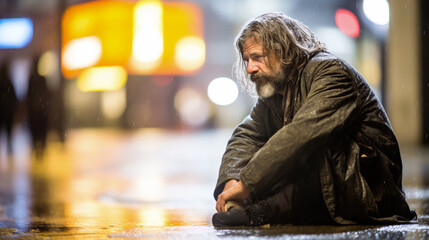 Obraz premium Desolate Evening: Homeless Man on Rainy City Streets