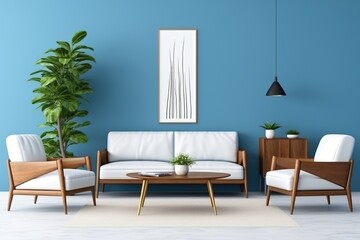 Blue Living Room With Plants and Stylish Furniture