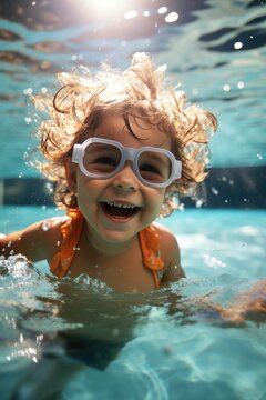 Toddler girl swimming underwater smiling with curly hair