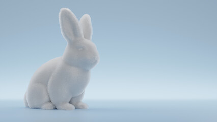 Cute white rabbit on blue background, fluffy white fur, sitting, 3D Render