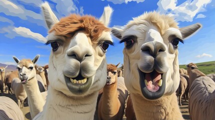 Two alpacas smiling with their teeth showing in a field of alpacas,