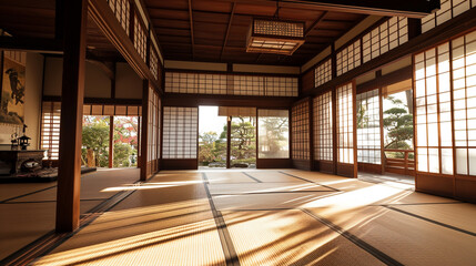 Fototapeta na wymiar Interior of room with traditional Japanese symbols on doors. Ai Generative