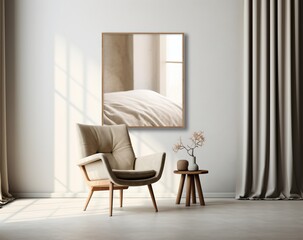Comfy chair in a bright room with a large painting of a bed on the wall