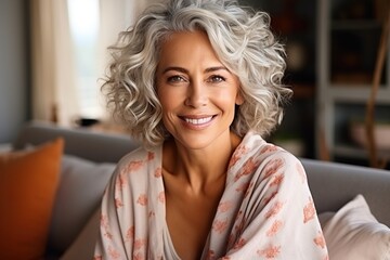 Portrait of a smiling mature woman with grey hair - obrazy, fototapety, plakaty