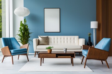 Blue and White Living Room With Mid Century Modern Furniture