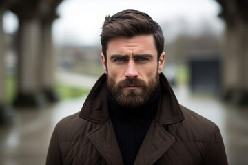 Portrait of a handsome young man with a beard in a coat