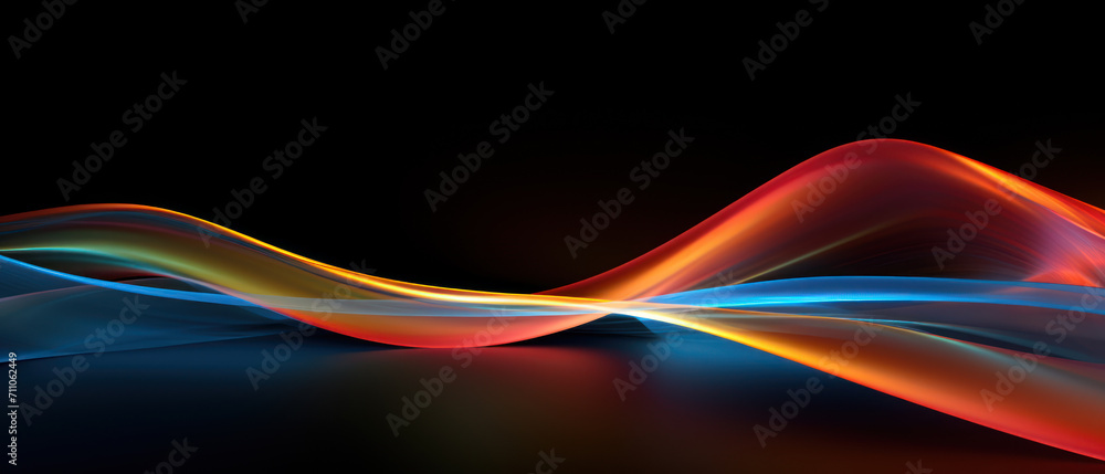 Poster multicolored neon curve lines on black background, digital glowing energy. abstract pattern of color