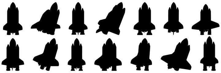Rocket space silhouettes set, large pack of vector silhouette design, isolated white background