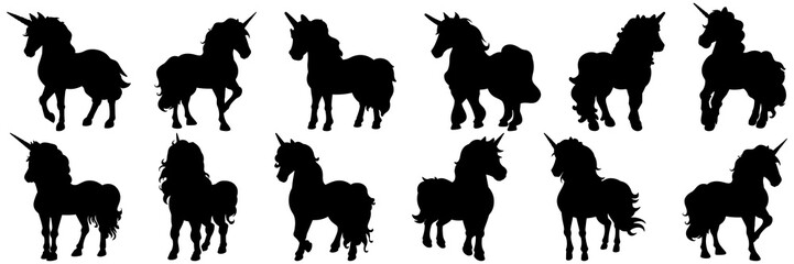 Unicorn silhouettes set, large pack of vector silhouette design, isolated white background