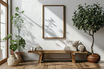 Frame mockup picture on white wall in living room, front view. Minimalist Scandinavian interior with wood floor, blank poster and green plants. Concept of vintage rustic home design