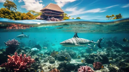 Poster Sharks swim underwater near beach, wild sea predators and fish in blue water. View of sky and coast in resort. Theme of ocean life, wildlife, travel, coral reef, marine, dive © scaliger