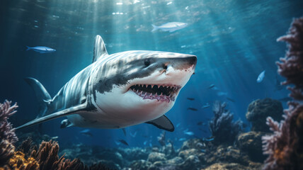 Fototapeta premium Scary shark swim underwater near coral reefs, wild sea predators and fish in blue water. Theme of ocean life, wildlife, travel, marine nature, teeth