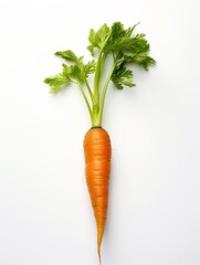Single orange carrot with green leaves on white background