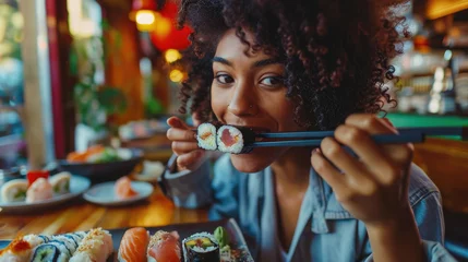 Foto op Canvas beautiful smiling young woman eating sushi with Chinese chopsticks, rolls, seafood, restaurant, cafe, salmon, rice, nori, eel, caviar, shrimp, bar, portrait, face, girl, lunch, food, dinner © Julia Zarubina