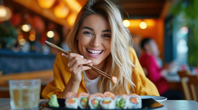 beautiful smiling young woman eating sushi with Chinese chopsticks, rolls, seafood, restaurant, cafe, salmon, rice, nori, eel, caviar, shrimp, bar, portrait, face, girl, lunch, food, dinner
