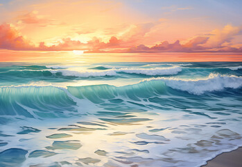 Wellen brechen bei traumhaften Licht an einem Sandstrand, Fantasievolle Szene an einem einsamen Strand - obrazy, fototapety, plakaty
