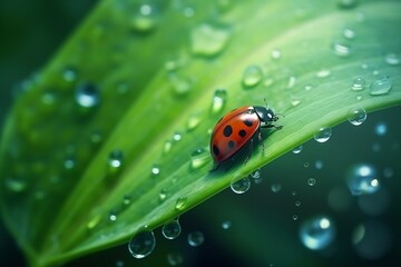 Ladybug on green leaf next to dewdrops.
