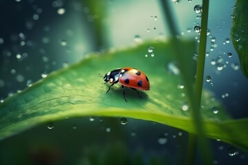 Obraz premium Ladybug on green leaf next to dewdrops.