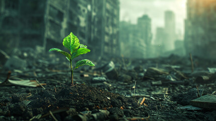 A green plant, a sprout in the foreground against the background of a destroyed city - obrazy, fototapety, plakaty
