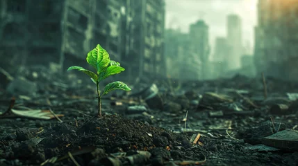 Papier Peint photo Herbe A green plant, a sprout in the foreground against the background of a destroyed city