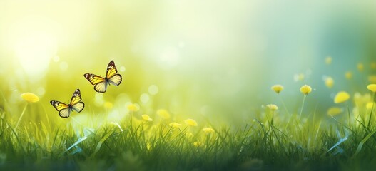Beautiful butterflies fly over the grass and flowers on summer day. - obrazy, fototapety, plakaty