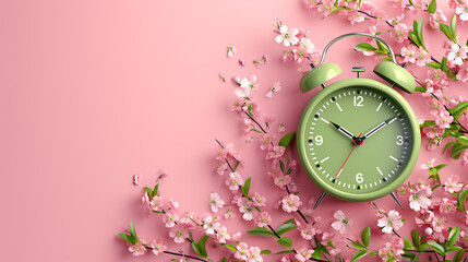 Green clock with flowers on a pink background, the concept of the arrival of spring