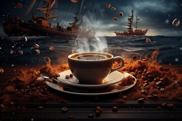 Heißer Kaffee mit Kaffeebohnen und Porzellan angerichtet, Handelsschiffe im Hintergrund, Geschichte der Kolonien - obrazy, fototapety, plakaty