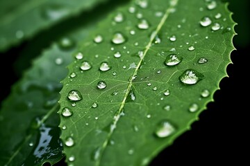 Macro water droplets on a green leaf.
