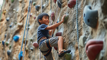 athletic boy in sportswear climbs a climbing wall with belay, sports ground, training, climber, rock relief, healthy lifestyle, active recreation, hobby, energetic person, muscles, height, agility - obrazy, fototapety, plakaty