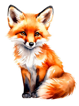 Cute red fox sitting, isolated illustration. Watercolor style