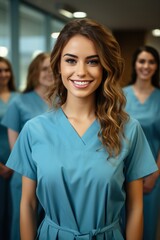 Fototapeta premium Confident female doctor with colleagues in the background