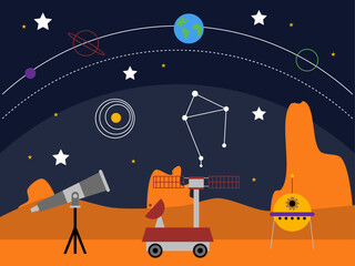Observe outer space world using telescope. Outer space and astronaut vector illustrations.