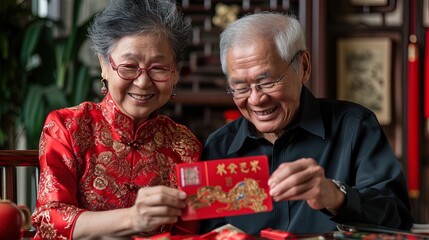 Happy asian senior couple celebrate chinese new year with red envelopes, ai generative