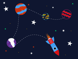 Rocket journey into space. Outer space and astronaut vector illustrations.