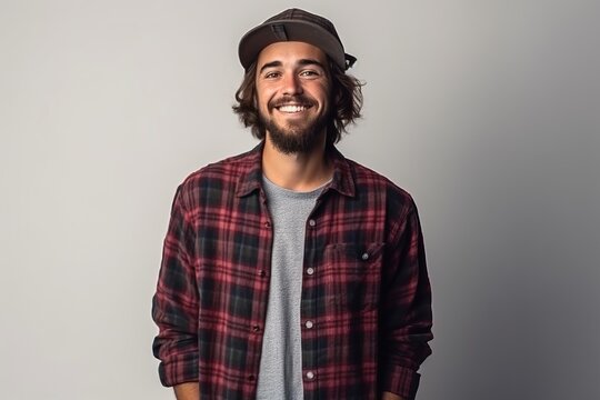 Handsome hipster man with cap smiling over grey background.