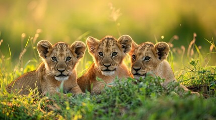 Lion cubs in the grass in Maasai Mara National Park in Kenya, ai generative - Powered by Adobe