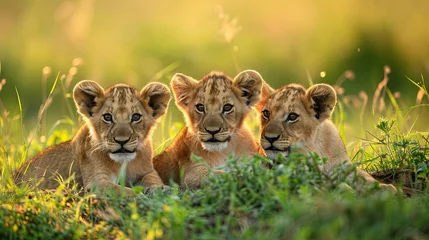 Fototapeten Lion cubs in the grass in Maasai Mara National Park in Kenya, ai generative © Resi