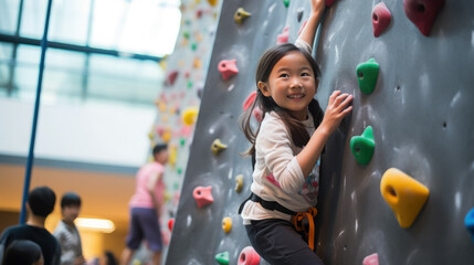 Fototapeta premium athletic girl in sportswear climbs a climbing wall with belay, sports ground, training, climber, rock relief, healthy lifestyle, active recreation, hobby, energetic person, muscles, height, agility