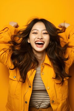 Cheerful Asian woman in yellow jacket