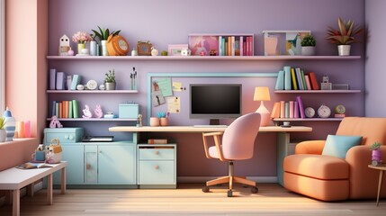 A cozy home office with a large desk, comfortable chair, and plenty of storage