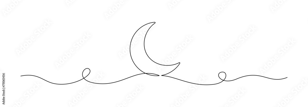Poster one continuous line drawing of moon. ramadan kareem banner in simple linear style. sleep symbol with