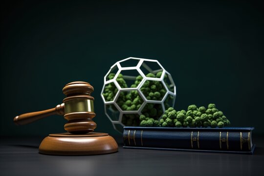 3D rendering of a gavel next to an open book and a plant in a geometric sphere