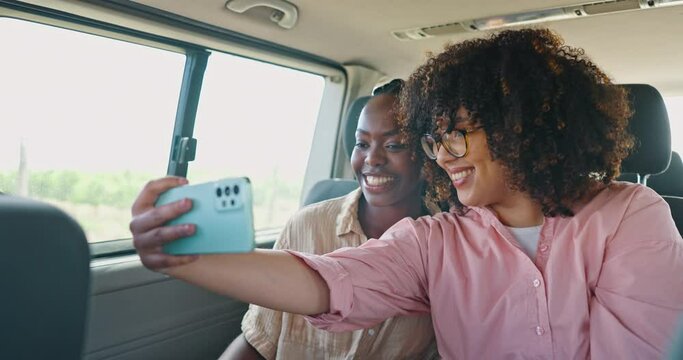 Selfie, social media and friends in car for road trip, travel or journey together on summer vacation. Smile, profile picture and pout with young women on mobile app in vehicle for holiday transport
