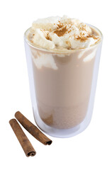 Glass of pumpkin coffee with cinnamon. Pumpkin spice latte. Png file.