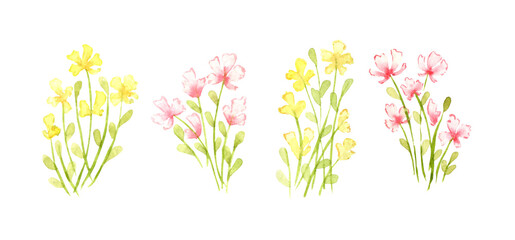 Watercolor illustration of green grass with delicate yellow and red flowers. Lawn element with lush vegetation. Separate on white. Background element for the design of gardens, landscapes, parks, 