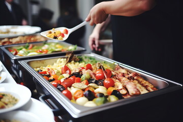 Buffet catering with various food in metal pans - obrazy, fototapety, plakaty