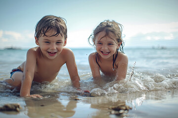 A boy and a girl are playing in the water on the beach - obrazy, fototapety, plakaty