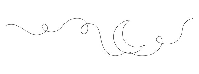 One continuous line drawing of Moon. Ramadan Kareem banner in simple linear style. Sleep symbol with crescent in Editable stroke. Doodle contour vector illustration - obrazy, fototapety, plakaty