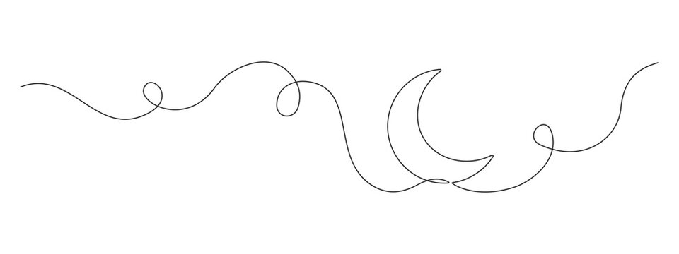 One continuous line drawing of Moon. Ramadan Kareem banner in simple linear style. Sleep symbol with crescent in Editable stroke. Doodle contour vector illustration
